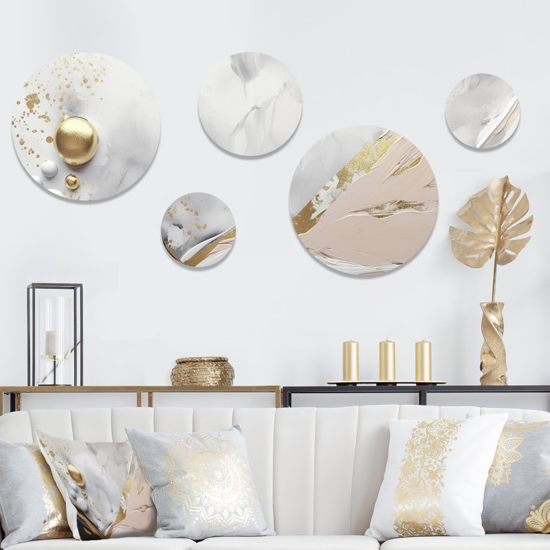 Design Art White and Gold Mysterious Marble Round round Metal Wall
